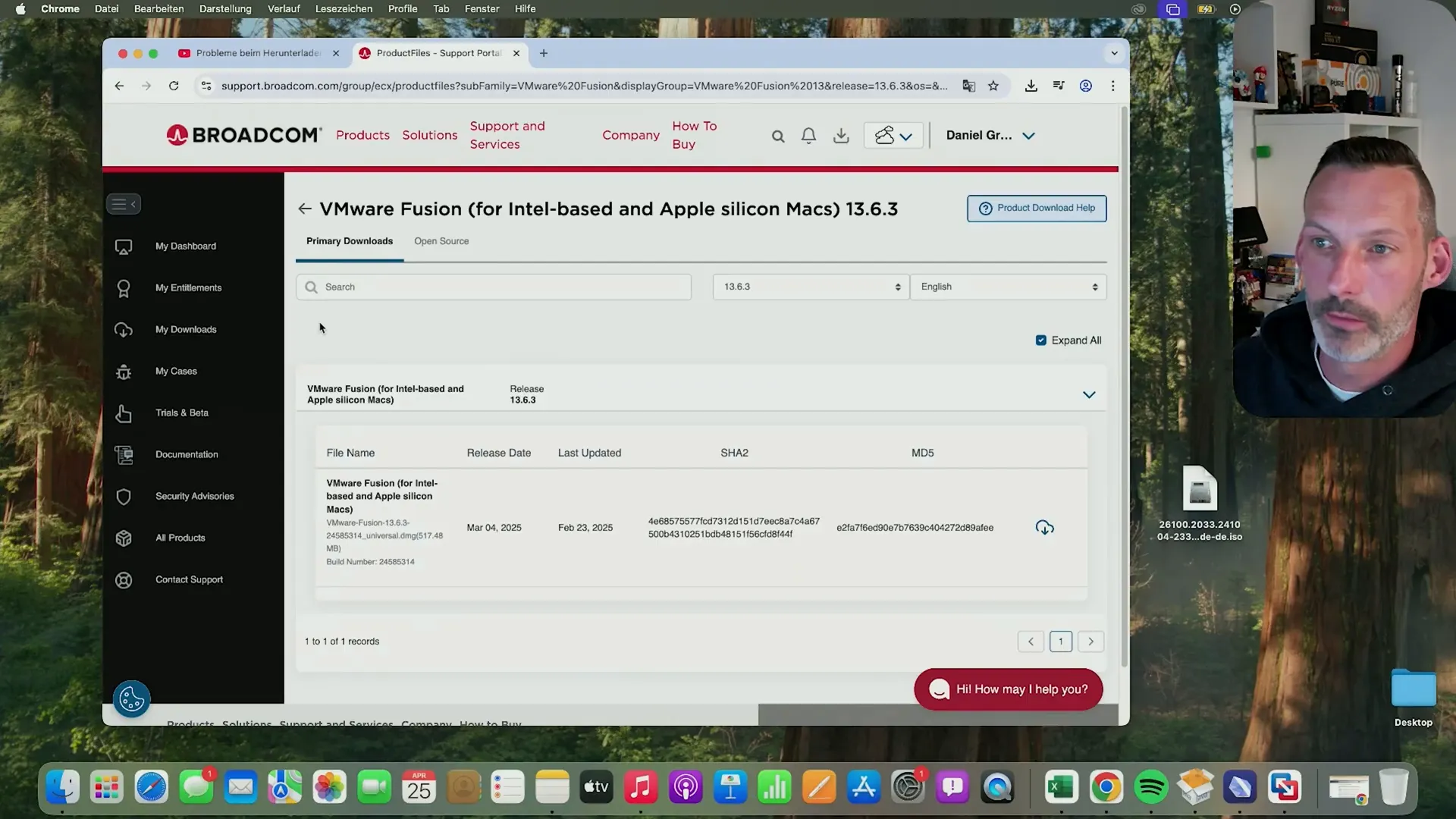Downloadseite von VM Ware Fusion Pro mit Auswahl zwischen Intel und Apple Silicon