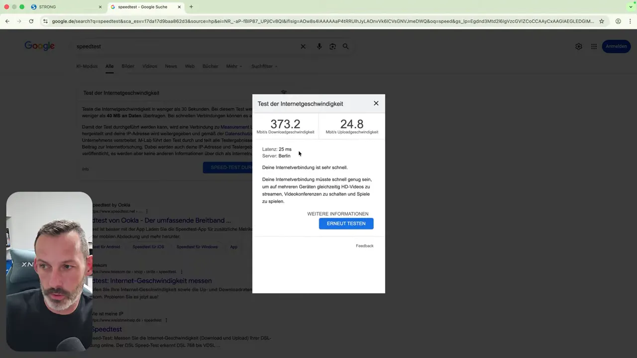 Speedtest Ergebnis mit rund 373 Mbit Download