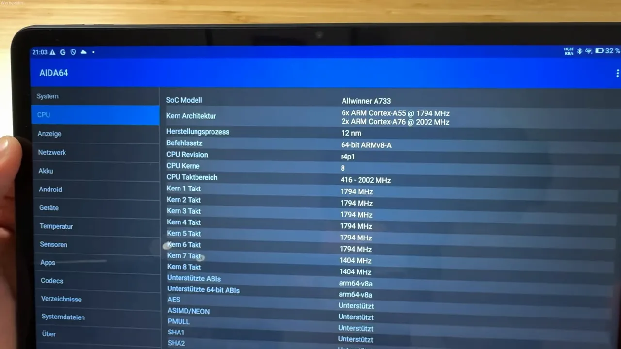 AIDA64 Anzeige: CPU und technische Details des Tablets