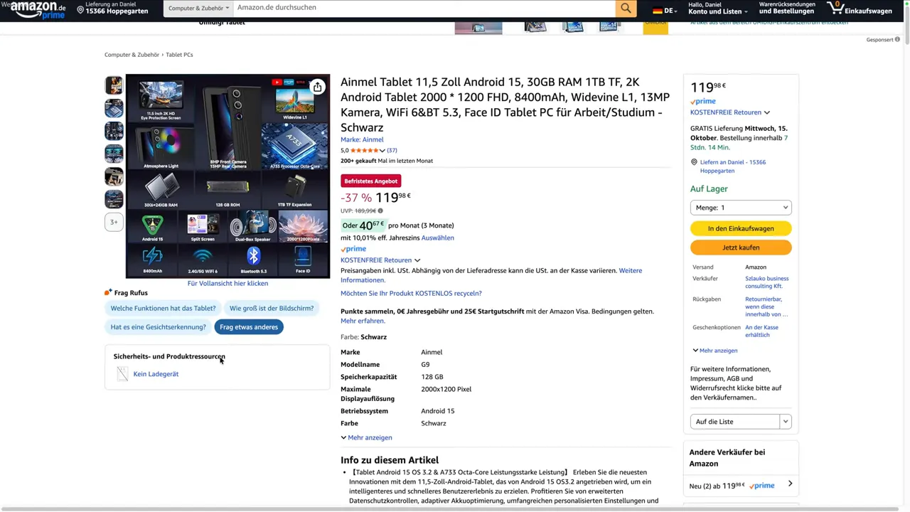 Produktseite auf Amazon mit Basisdaten des Tablets