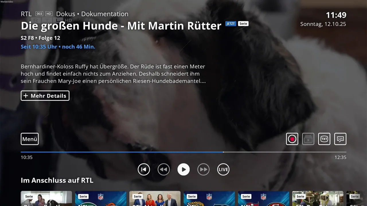 Live-TV Ansicht mit Pause- und Aufnahmeoptionen