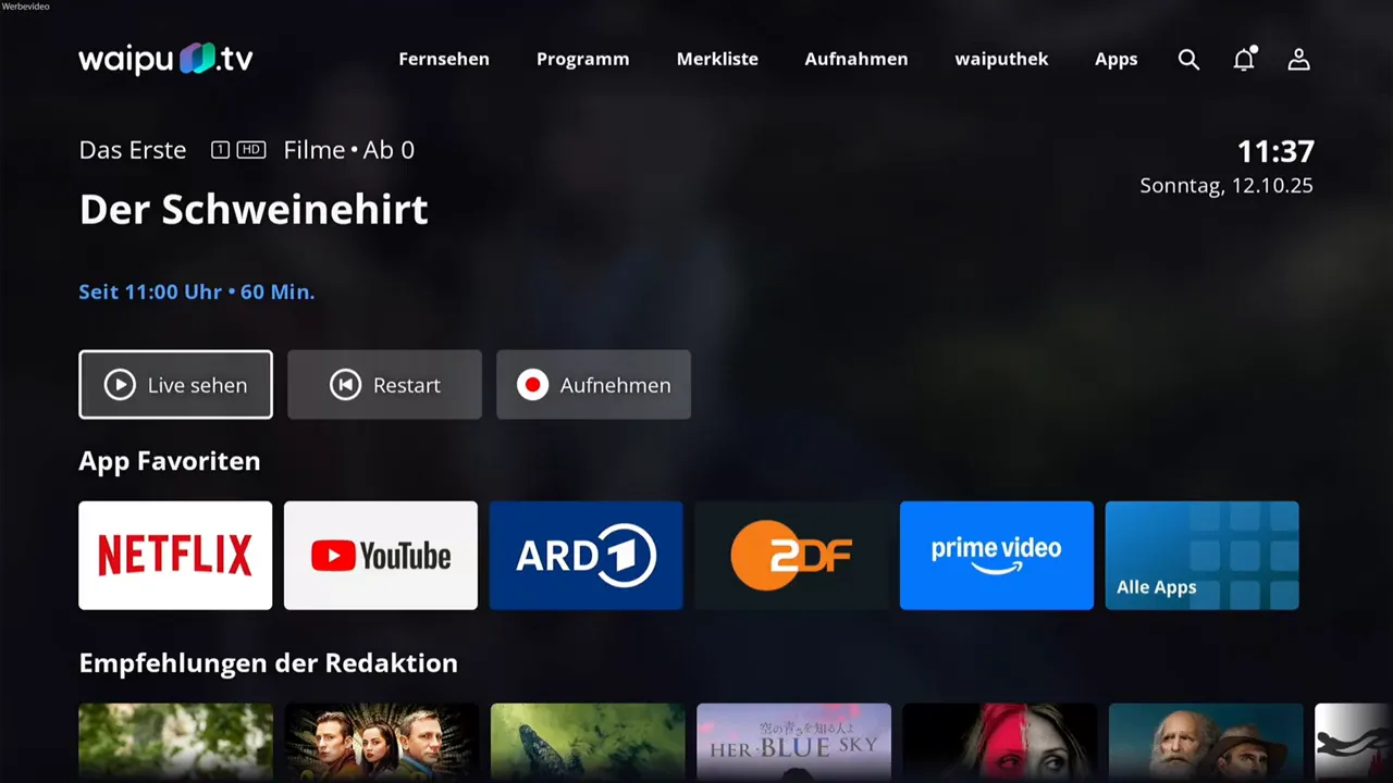 Startseite des waipu TV Stick mit Live-TV Optionen