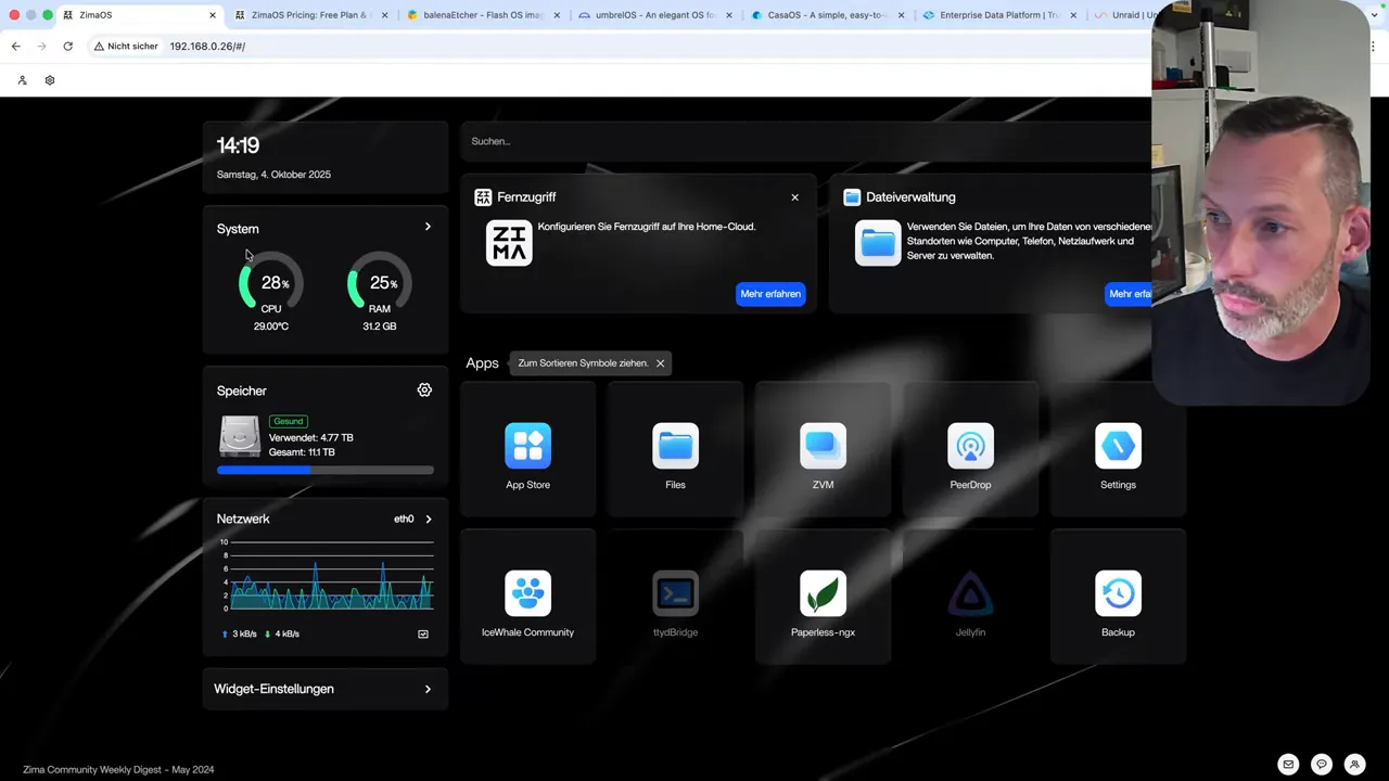 ZimaOS Dashboard mit System-Widgets