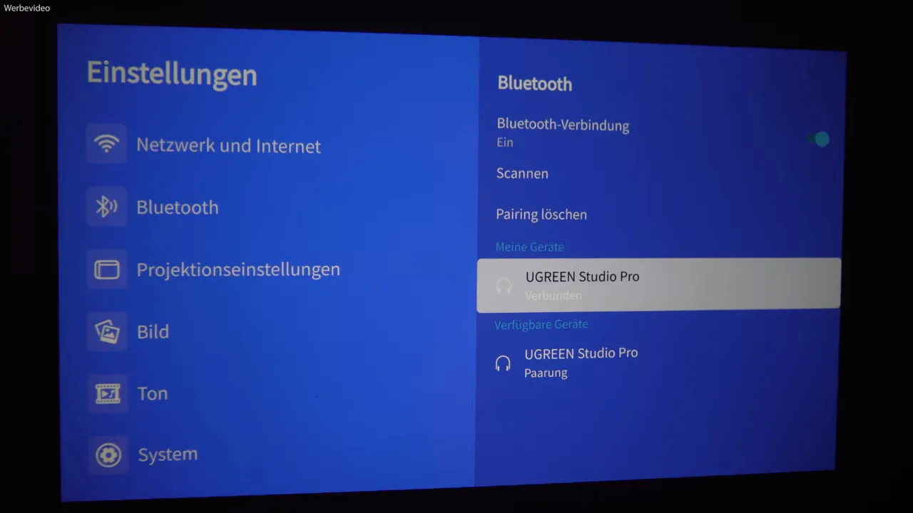 Bluetooth‑Einstellungen auf Leinwand: 'UGREEN Studio Pro' als verbundenes Gerät (Verbunden)