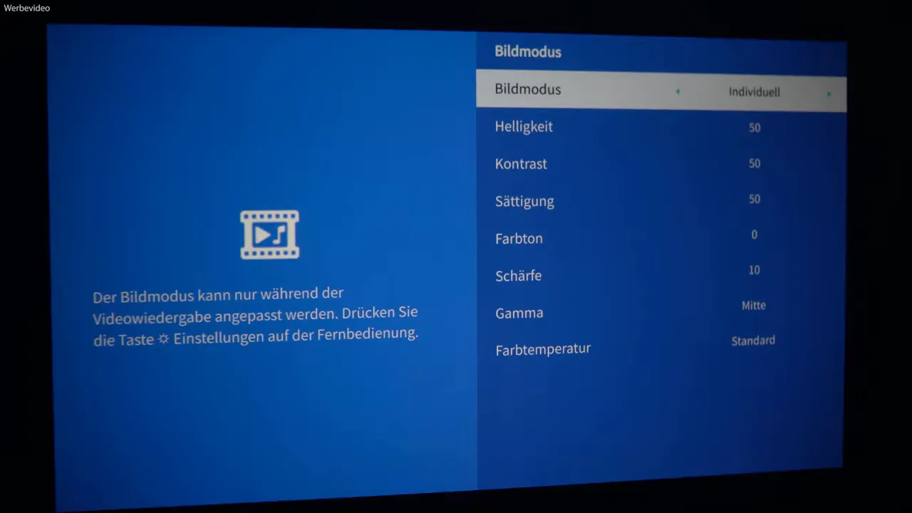iWIMIUS P65 Bildmodus Menü mit Helligkeit Kontrast Sättigung Farbton Schärfe Gamma