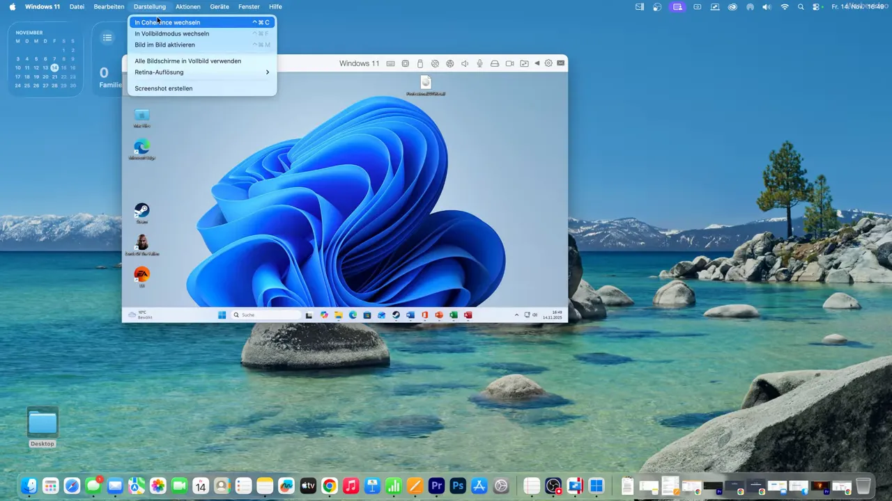 Parallels Menü zeigt 'In Coherence wechseln' zum Aktivieren des Coherence Mode