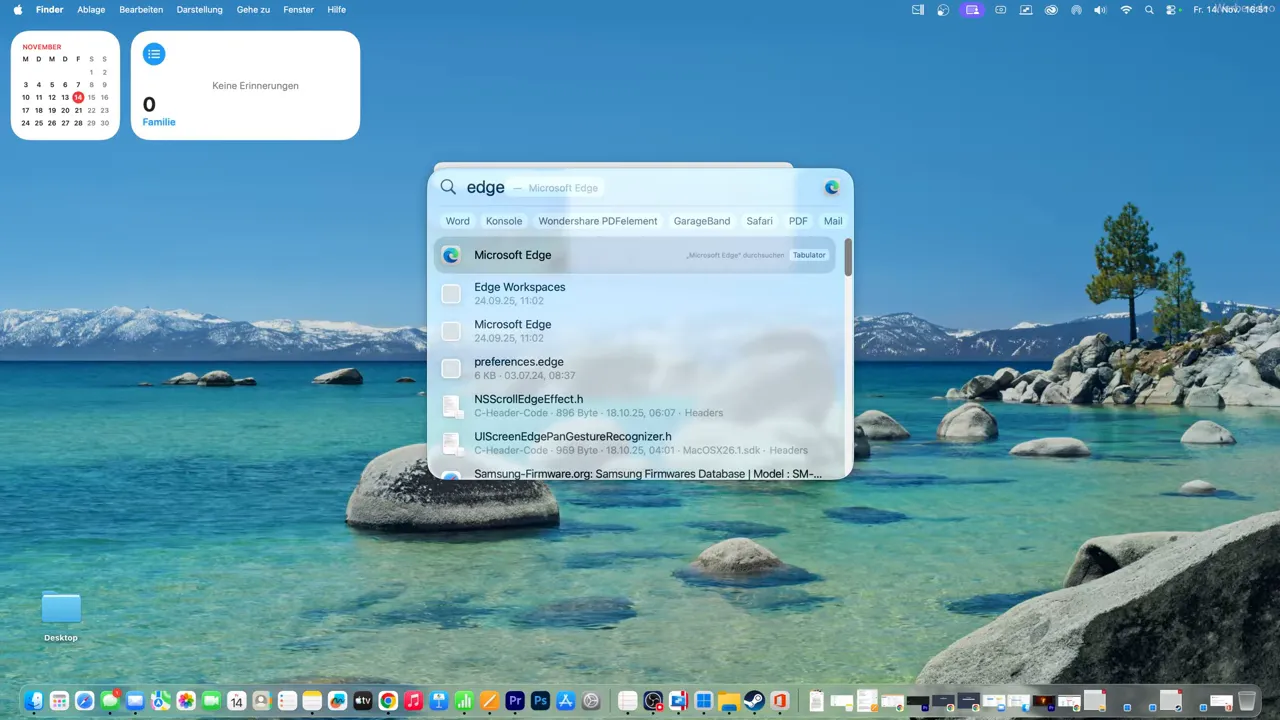 Spotlight‑Suche auf macOS mit hervorgehobenem Eintrag 'Microsoft Edge' aus der Parallels Windows‑VM