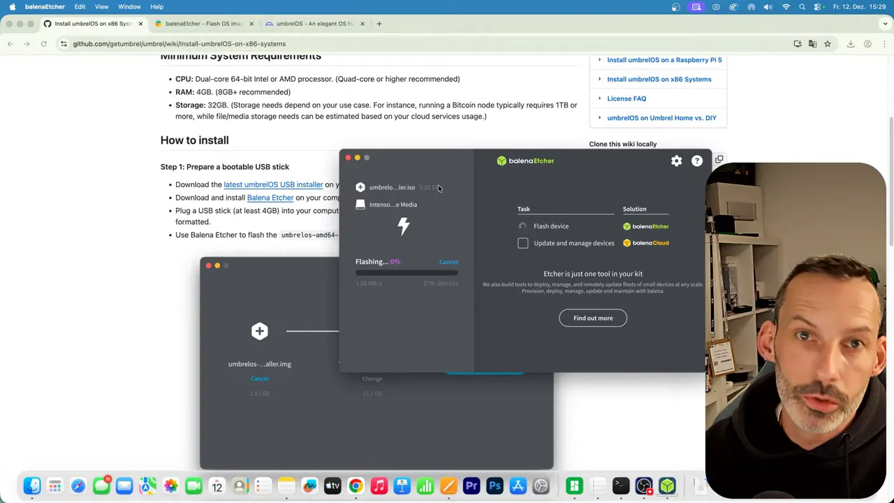 balenaEtcher App auf macOS mit sichtbarer Fortschrittsanzeige beim Flashen eines Images, Facecam rechts.