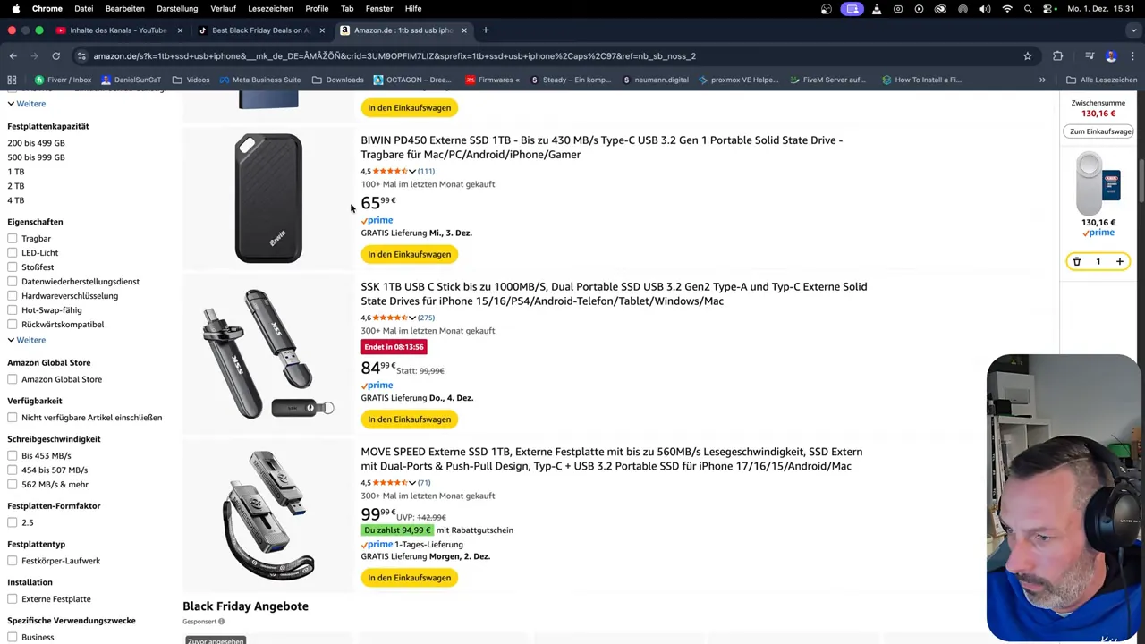 Amazon-Produktliste mit günstigen SSD- und USB-Stick-Angeboten, deutlich lesbare Preise