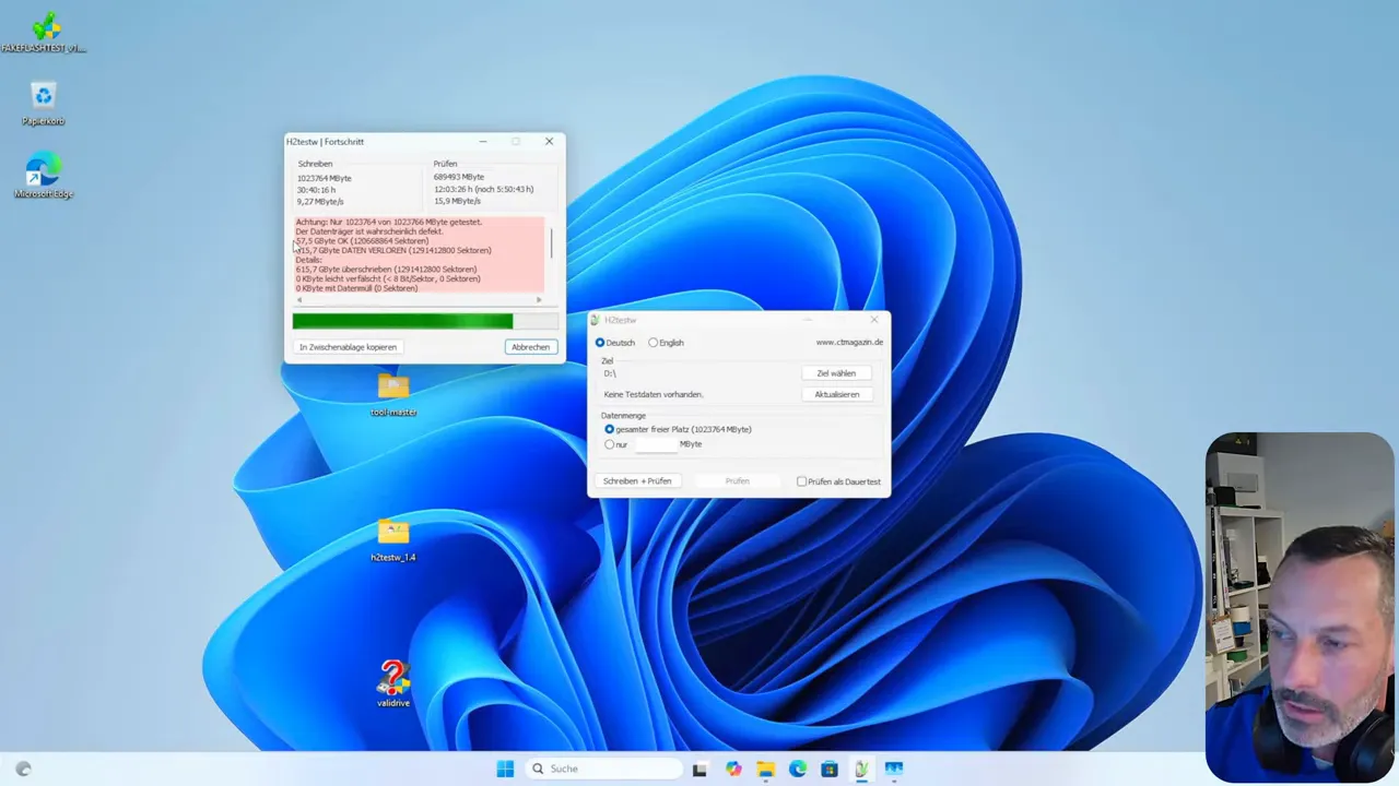 Windows‑Bildschirm mit H2testw‑Dialog, rotes Fehlerfeld gut lesbar, kleines Kamerabild rechts unten