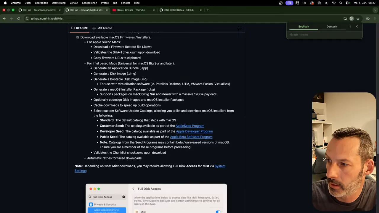 Screenshot der Mist README mit dem Abschnitt 'Download available macOS Firmwares / Installers' und zugehörigen Bullet-Points.
