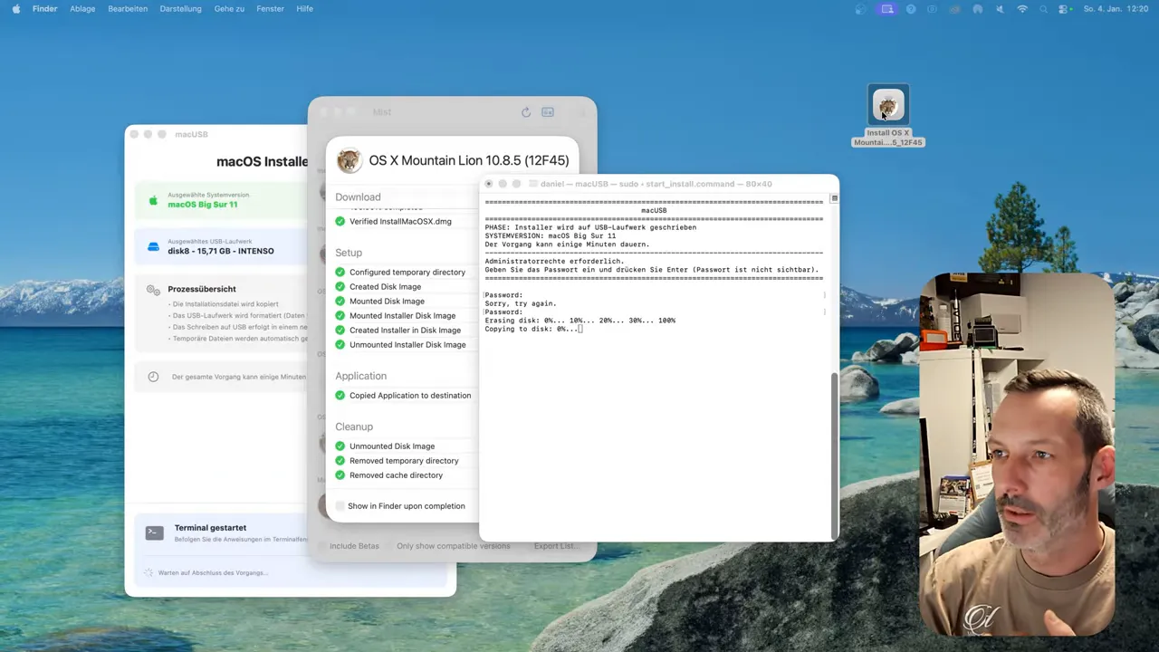 Klarer Screenshot des macOS-Desktops mit dem macUSB-Fenster und einem gut lesbaren Terminal, das den Fortschritt beim Schreiben auf einen USB-Stick anzeigt (Bild 6).