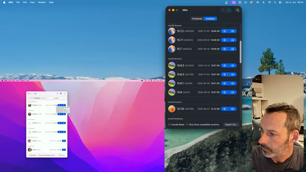 Mist-App mit mehreren macOS-Installern in dunklem und hellem Fenster auf dem Desktop; kleines Webcam-Bild des Moderators rechts.