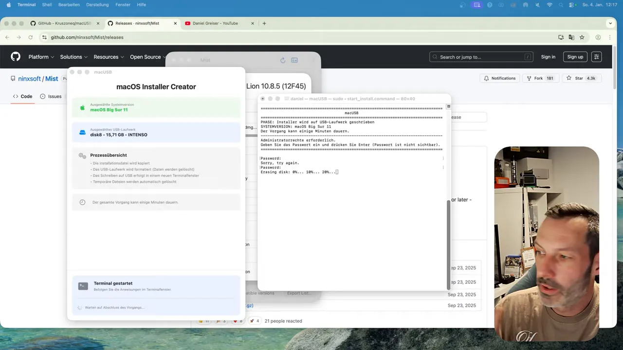 Terminal mit Fortschrittsanzeige 'Erasing disk: 0%… 10%… 20%…' neben dem macOS Installer Creator