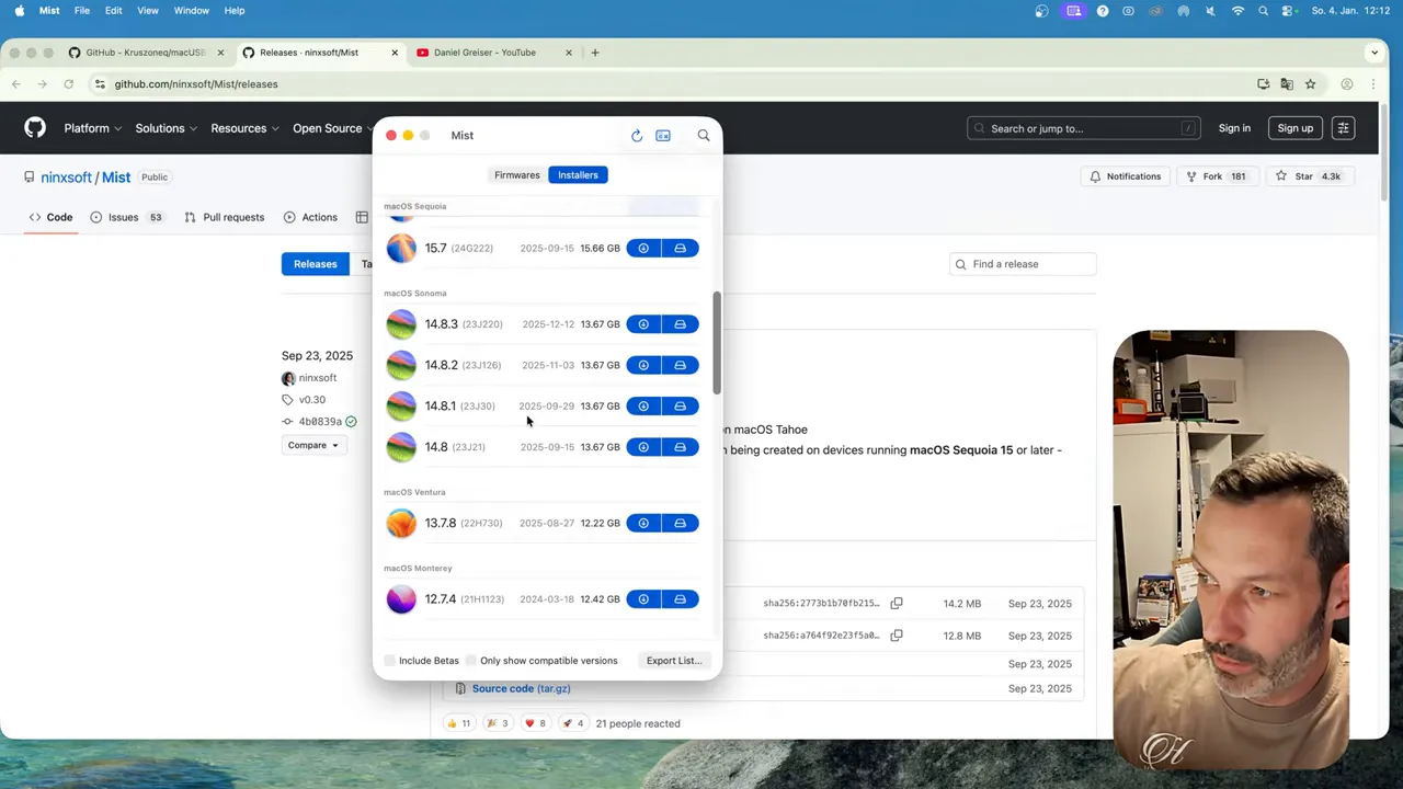 Mist-App mit geöffneter 'Installers'-Liste, mehrere macOS-Versionen und Dateigrößen sichtbar