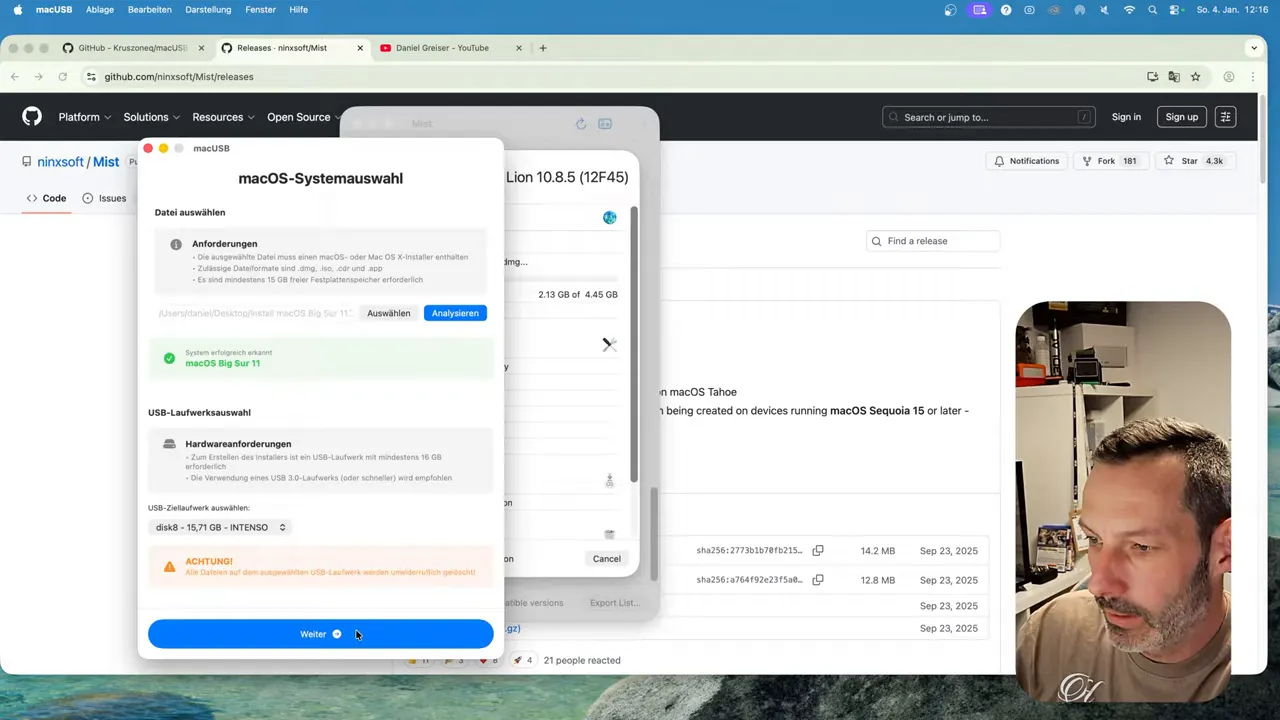 macUSB Fenster mit Hardware-Anforderungen und Warnhinweis zur USB-Auswahl