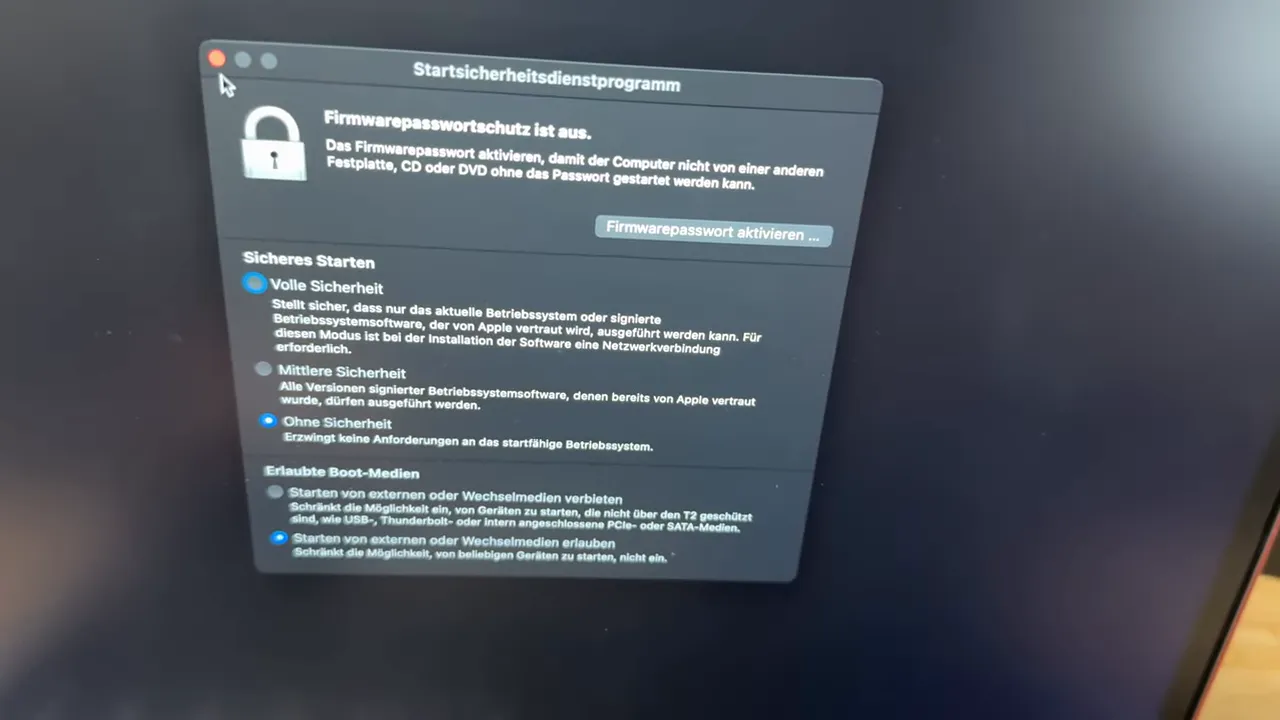 Startsicherheitsdienstprogramm Fenster auf einem Mac mit Optionen für sicheres Starten und erlaubten Boot‑Medien deutlich sichtbar